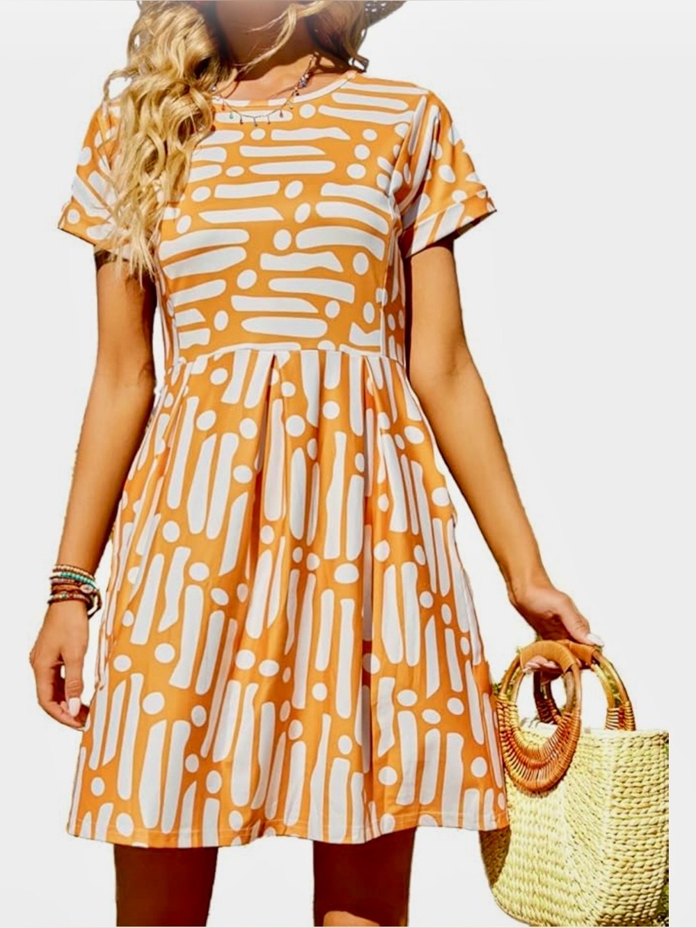 Naggoo Short Sleeve Orange and White Print Summer Mini Dress